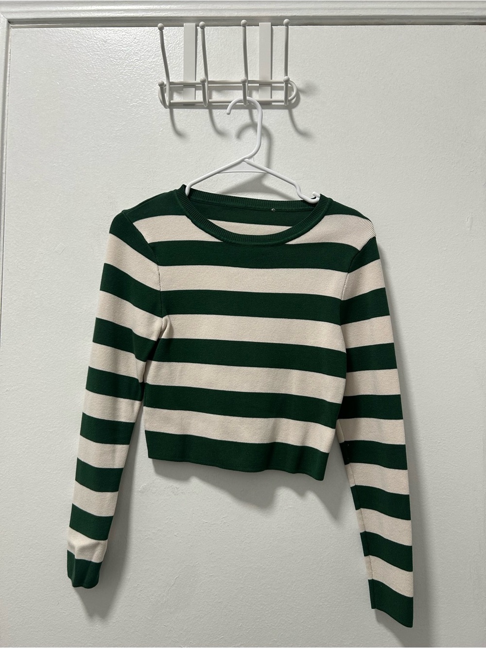 Zara Green & Cream Striped Long Sleeve Crop Top